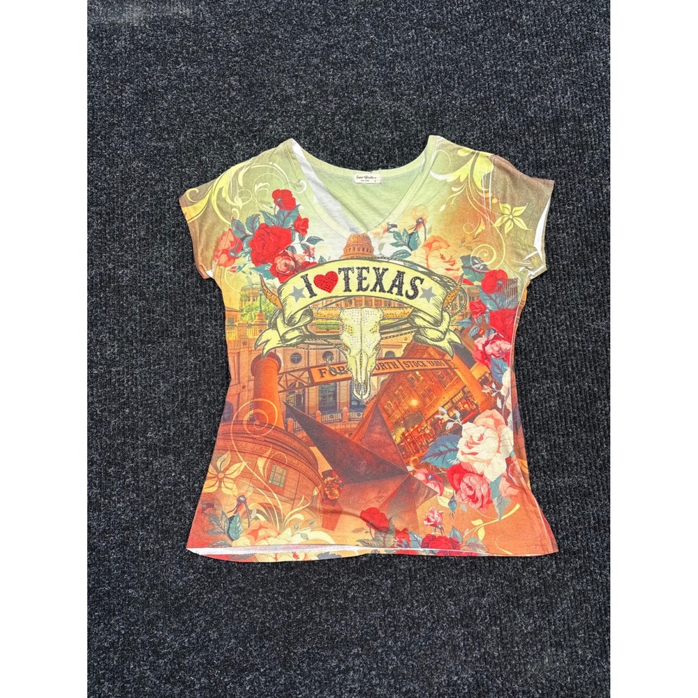 Sweet Gisele I Love Texas Graphic T-Shirt Womens Large Western Rhinestone Floral